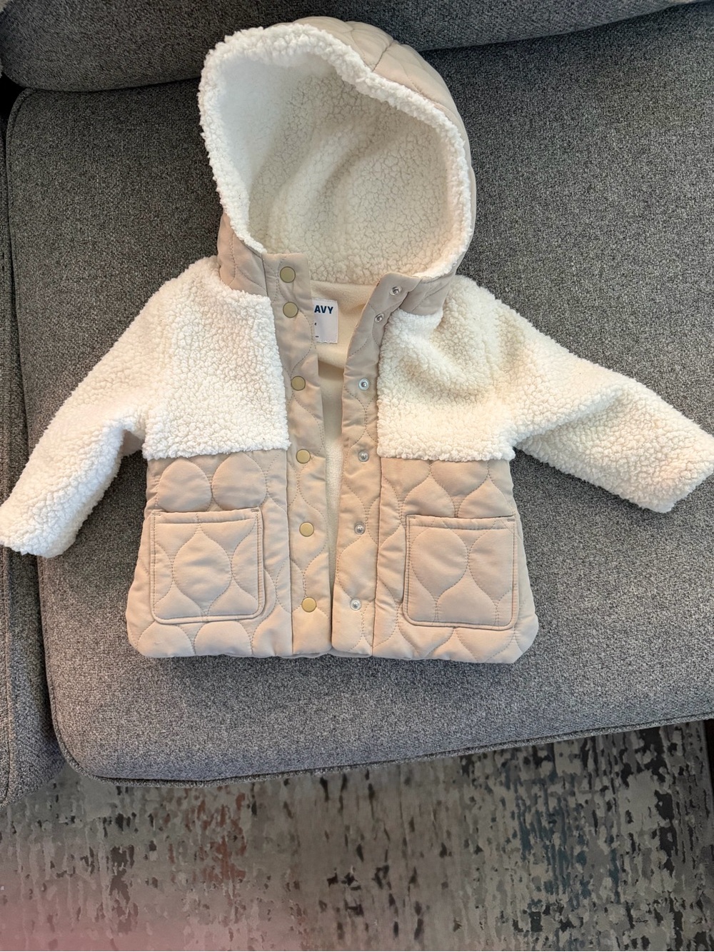 Old Navy Cream Quilted & Sherpa Hooded Puffer Jacket
